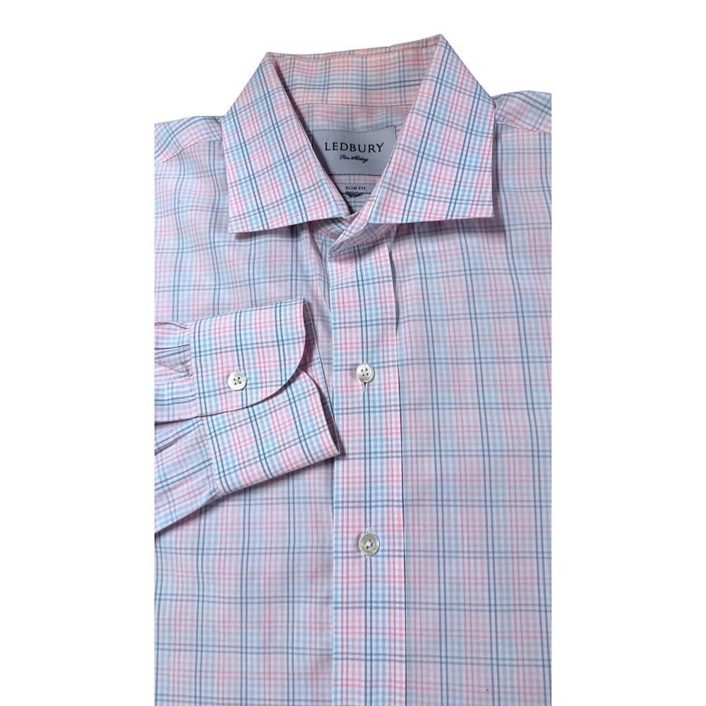 Ledbury Slim Fit Dress Shirt Mens Pink Blue Check Plaid Spread Collar 17(estim)